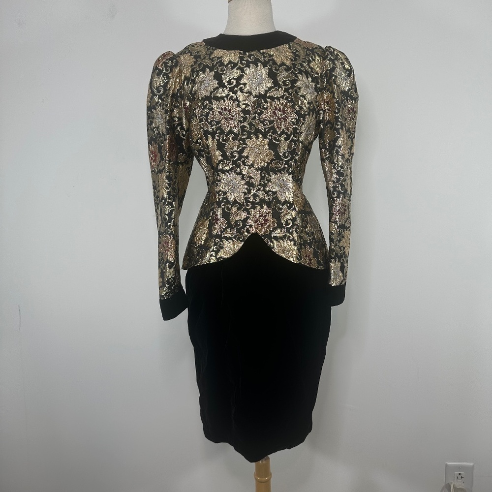VTG JESSICA McCLINTOCK Velvet Brocade Party Dress Puff Black Gold Ball Gown 10